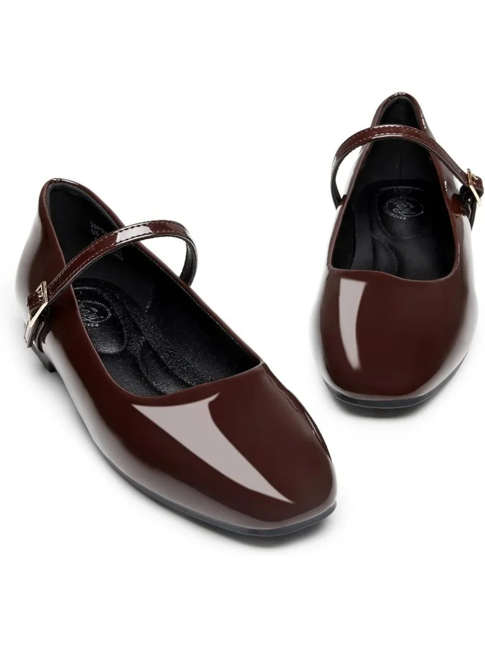 Women's Dark Brown Square Toe Adjustable Buckle Strap Ballet Flat Slip On Shoes